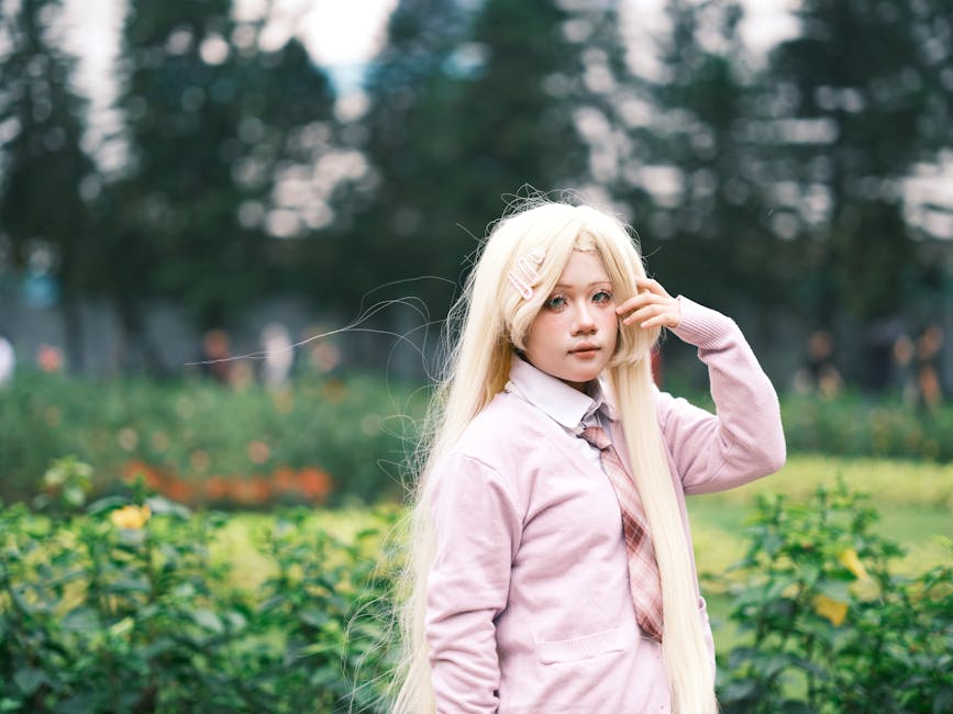 Pembe kıyafetli sarışın bir cosplayer bahçede poz veriyor. Açık havada çekilmiş cosplay portresi.
